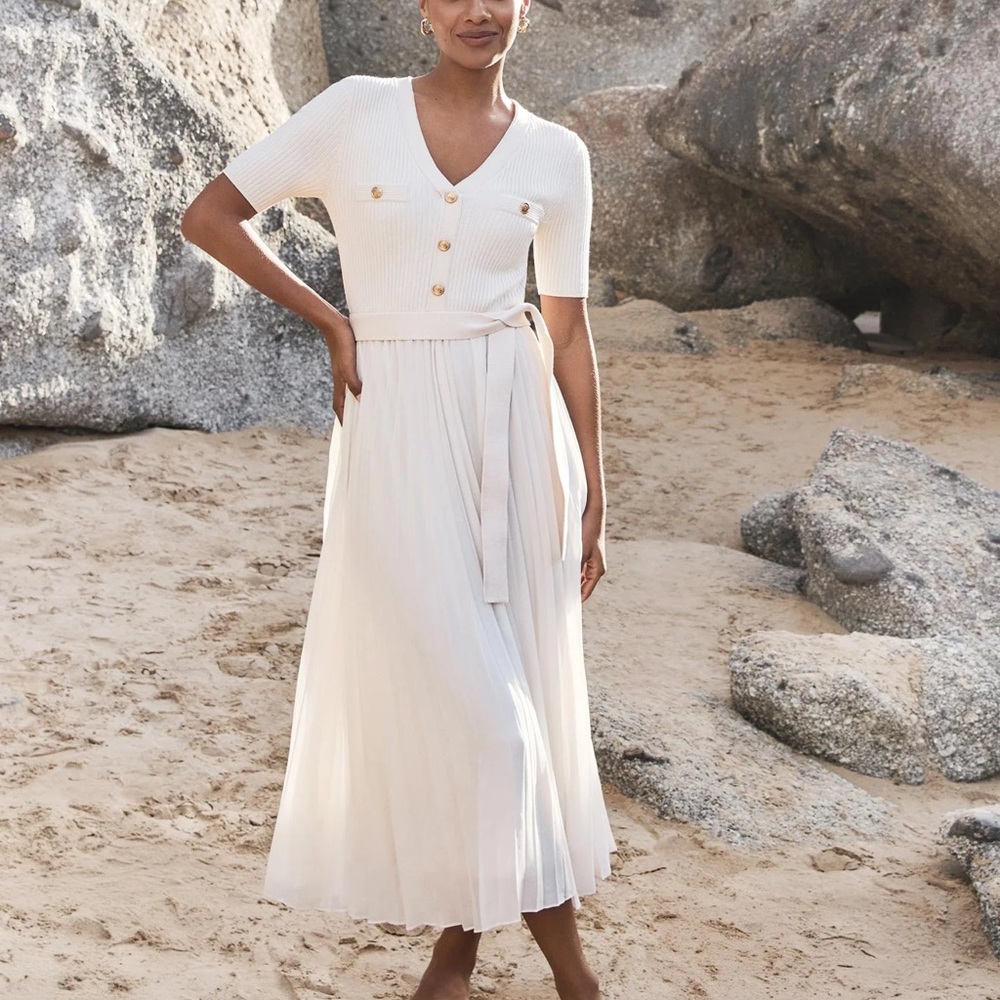 NWT - EVER NEW Elegant White Buttoned Dress